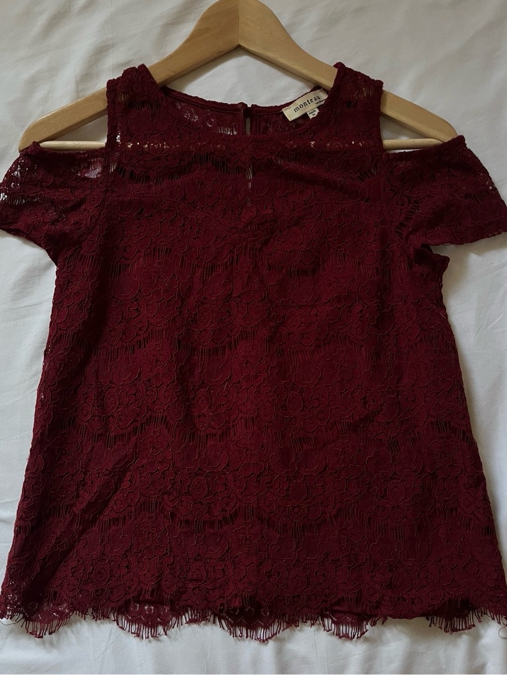 Monteau Burgundy Lace Cold-Shoulder Blouse